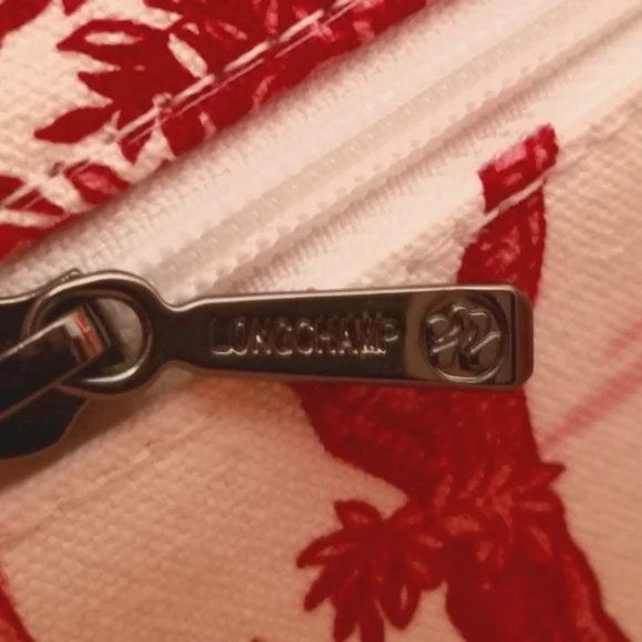 Longchamp Red & White Canvas Toile de Jouy Tote Bag - Picture 10 of 15